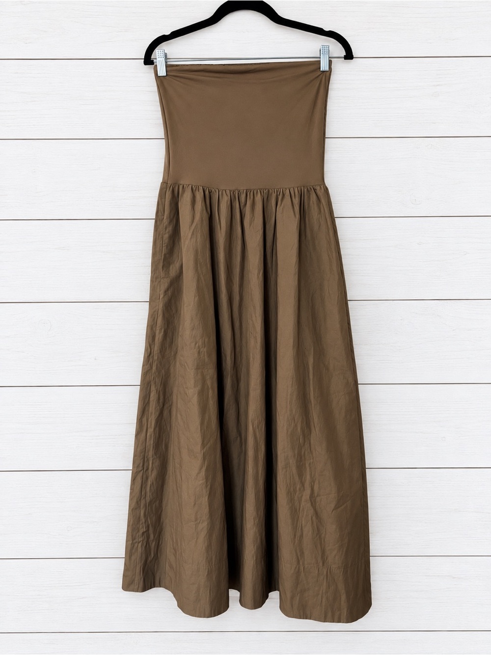 Aritzia Babaton Fluid Cello Brown Strapless Midi Dress M Quiet Luxury Neutral